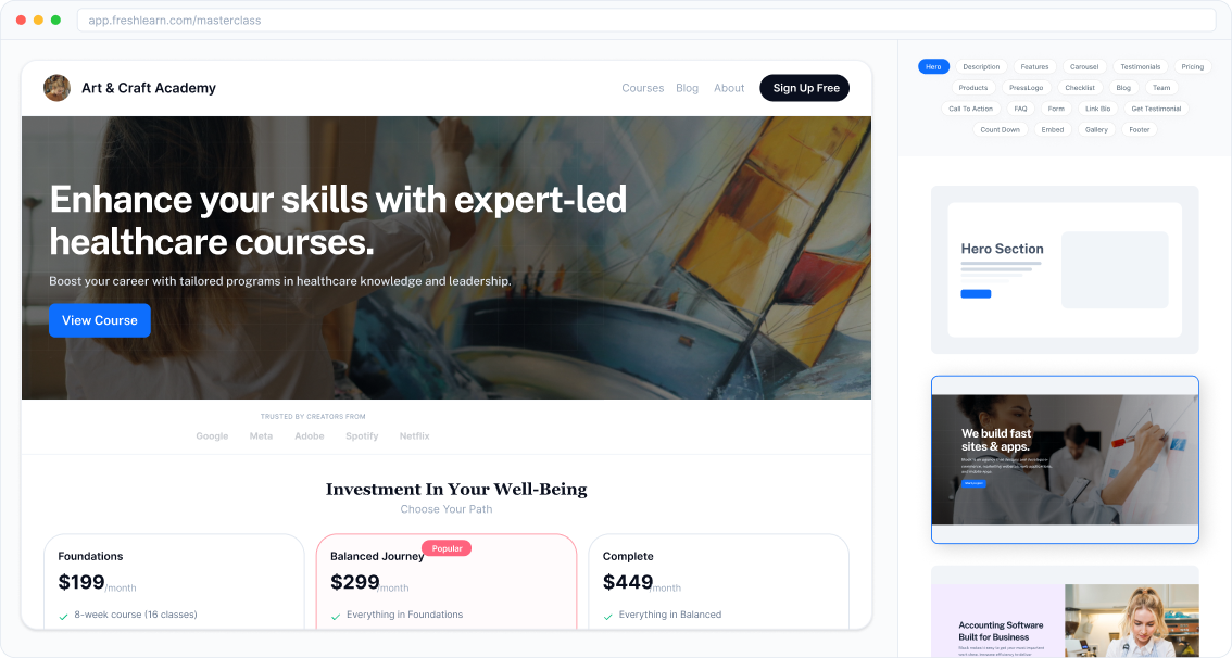 Sales page and automations for a creative course