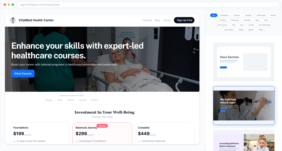 Sales page and automations for a wellness program