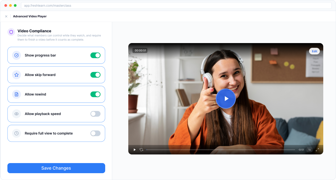 Video compliance controls in the advanced video player