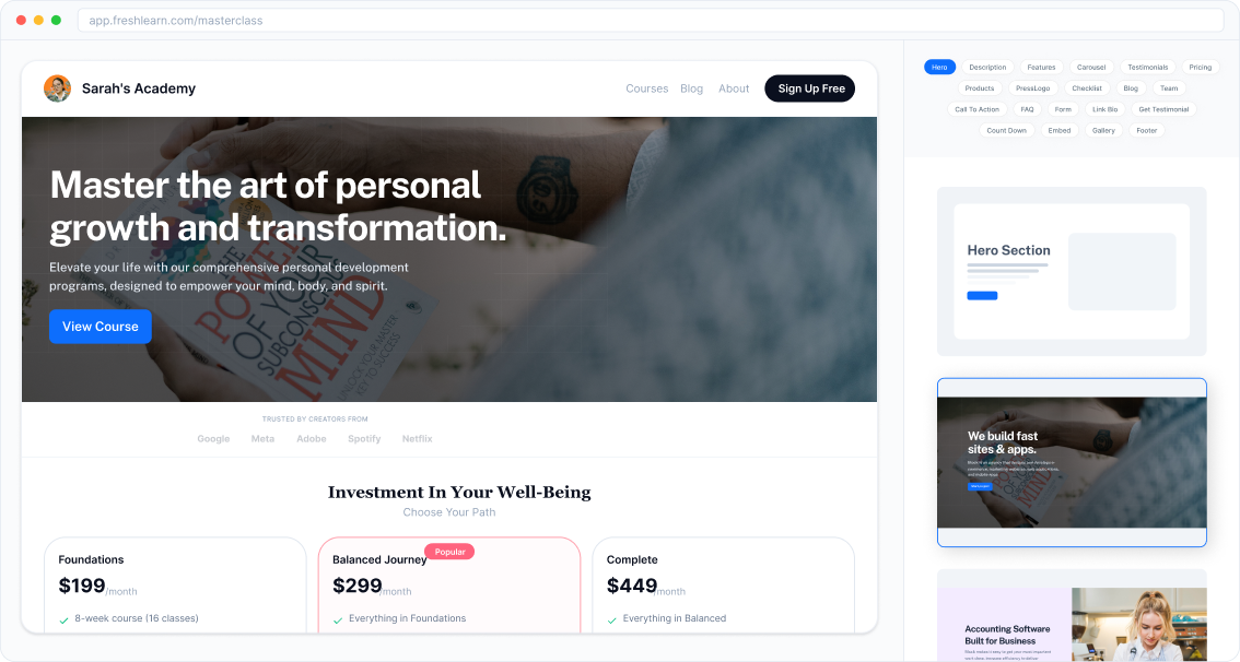 Sales page and automations for a coaching program