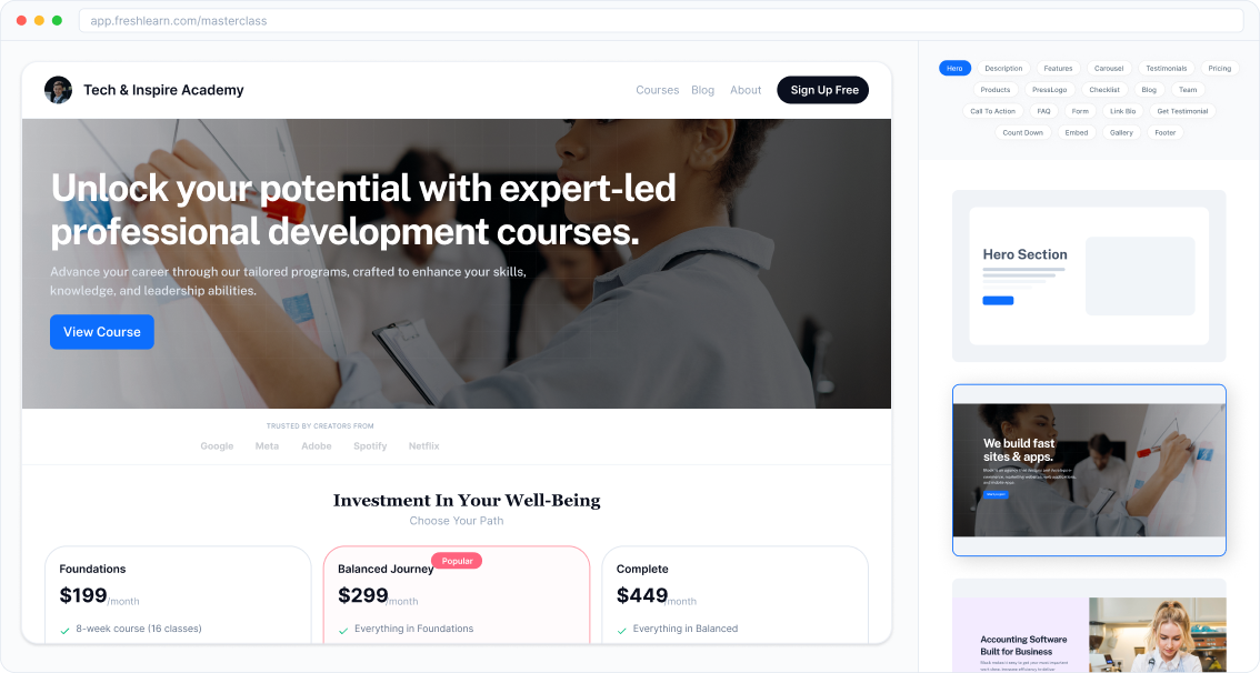 Sales page and automations for a training program