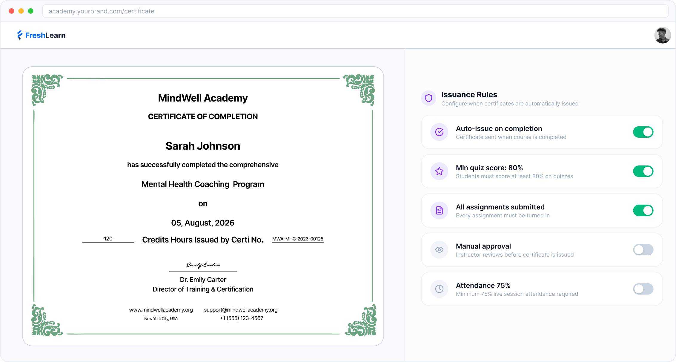 Gate CE credit on completion, score, and evaluation