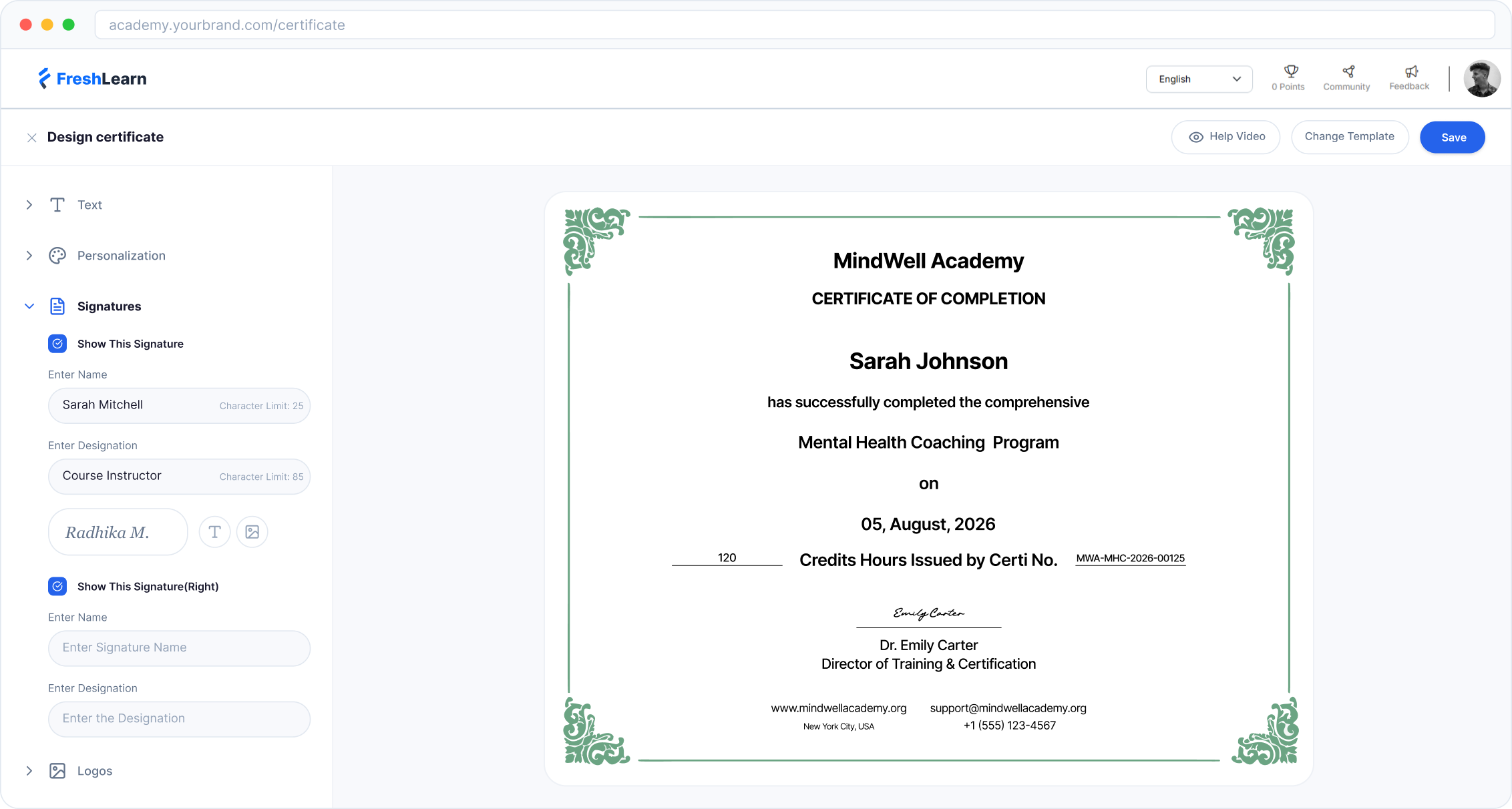 Branded CE certificate with credit hours and serial number