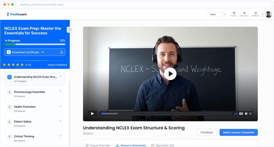 Guided learning path with video courses, assessments and worksheets